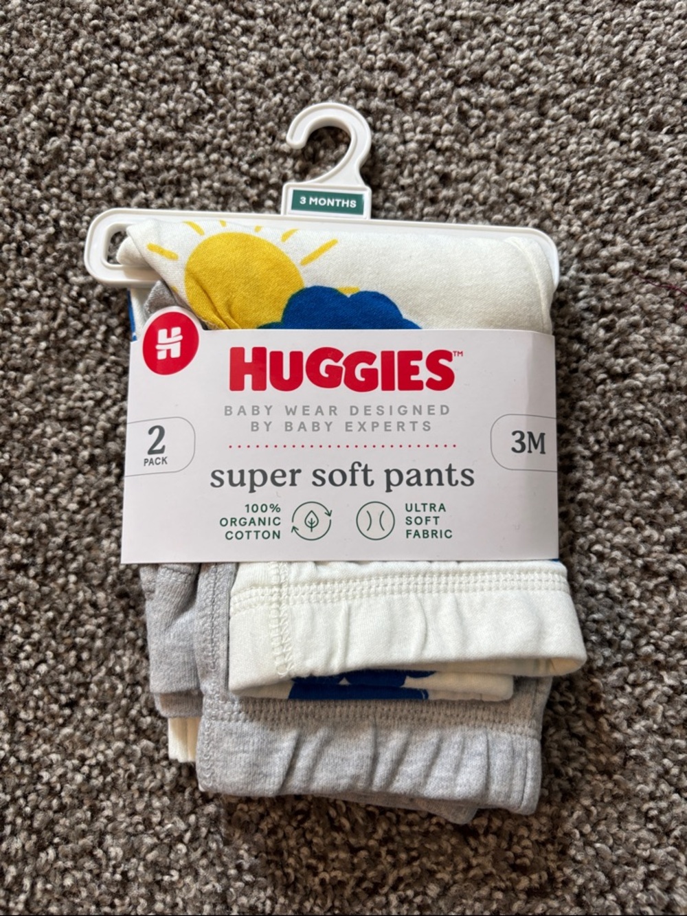 NEW Huggies Super Soft Baby Joggers - White & Light Gray, 3M - 2 Pack